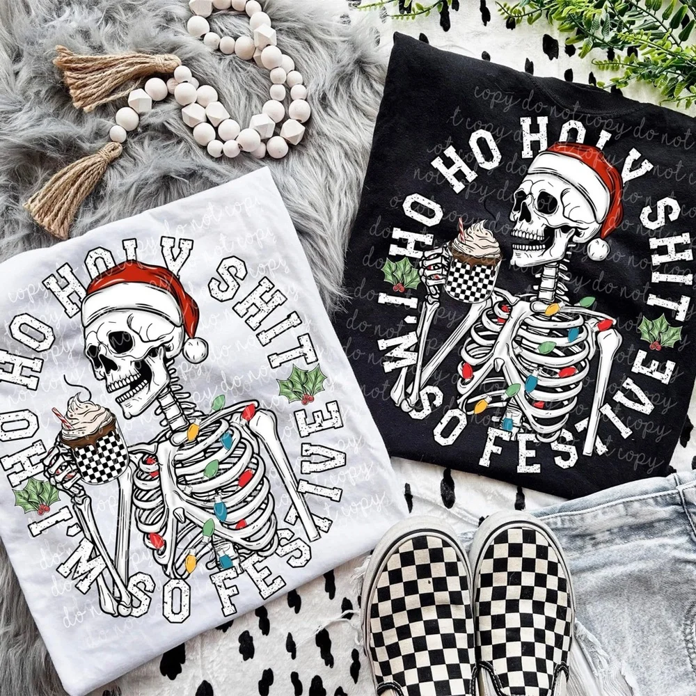 Festive Skeleton Holiday T-Shirt Ash Grey or Black Small-3X